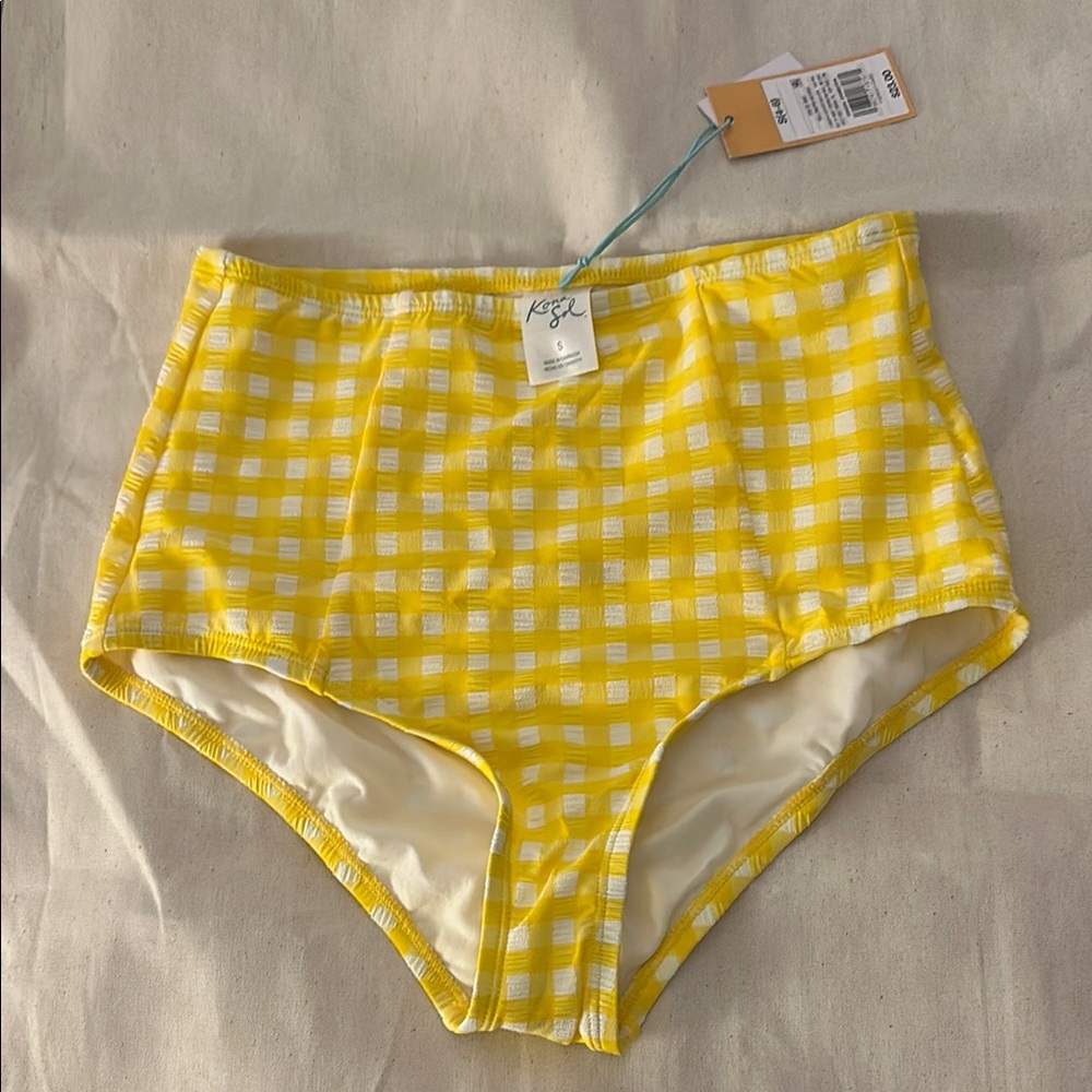 Yellow and White Checkered High-Waisted Bikini Bottom